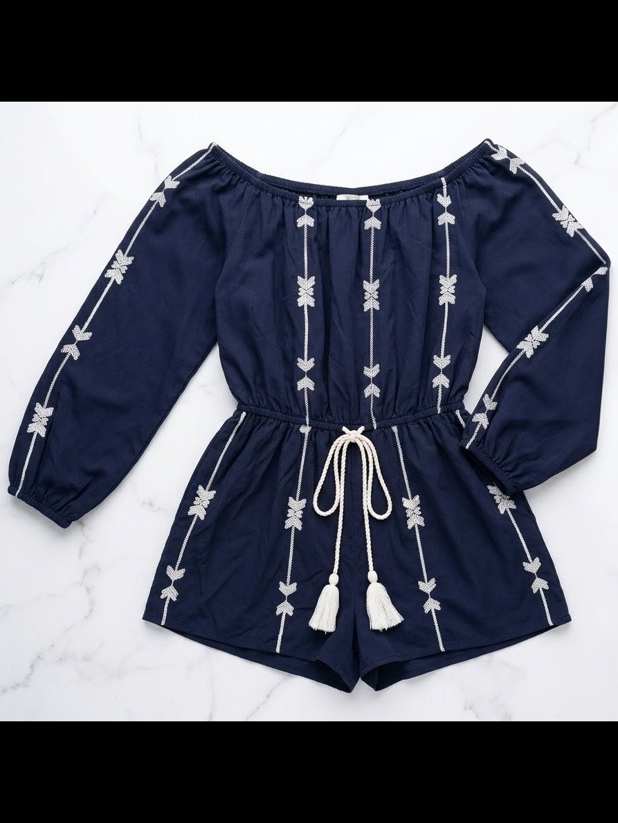Exist Navy Off-Shoulder Embroidered Romper With White Tassel Tie